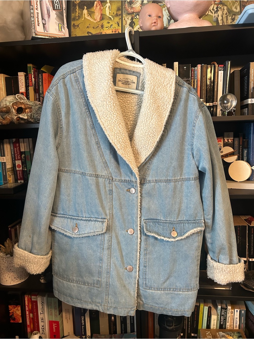 Light Blue Sherpa-Lined Denim Jacket with Shawl Collar